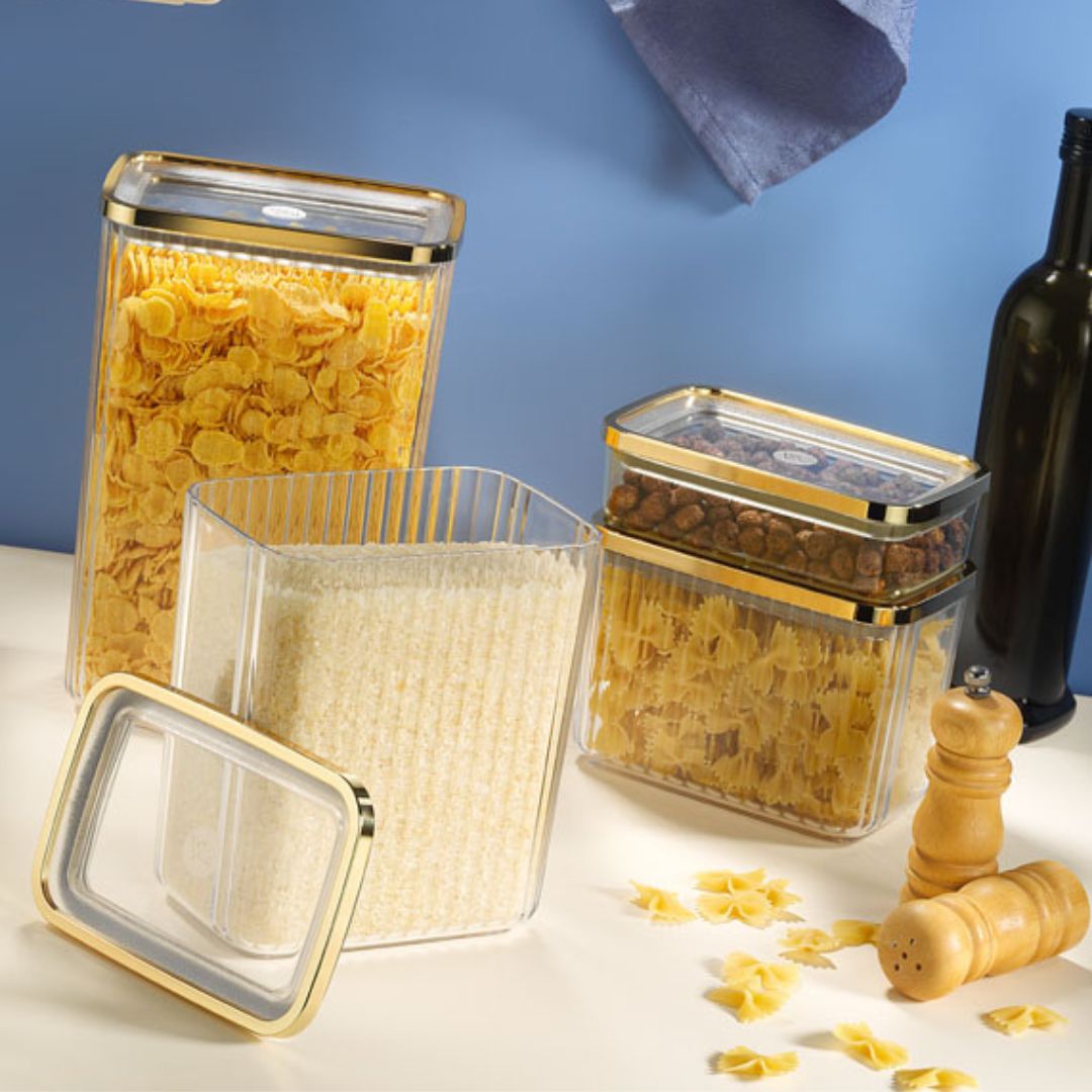 Aufbewahrungsbehälter | 4er Set | Quadratisch | Gestrichelt | Gold