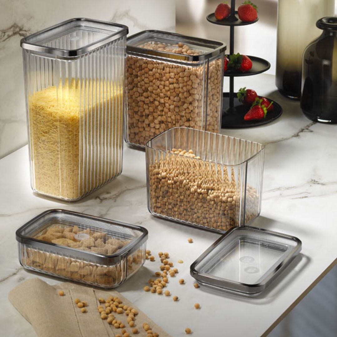 Aufbewahrungsbehälter | 4er Set | Quadratisch | Gestrichelt | Grau