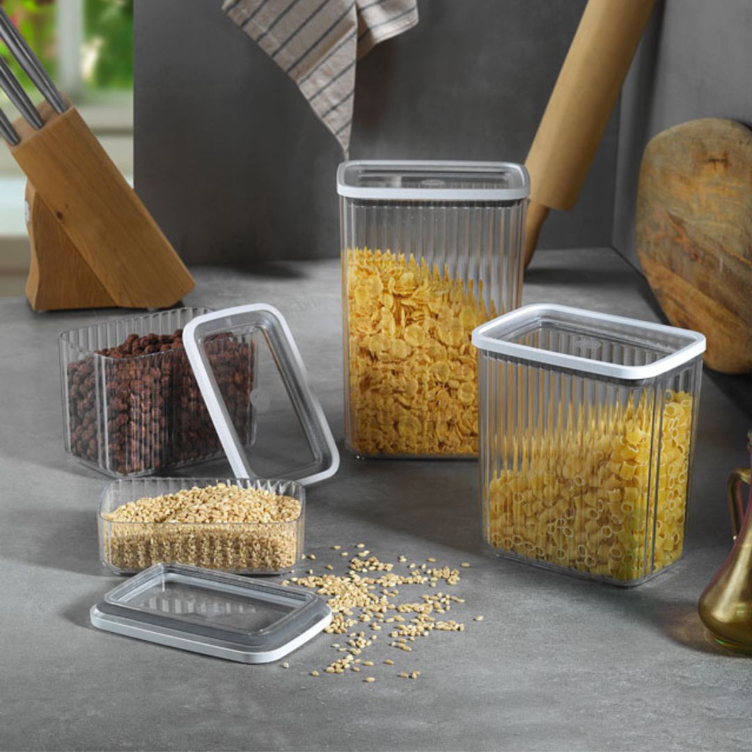 Aufbewahrungsbehälter | 4er Set | Quadratisch | Gestrichelt | Weiß